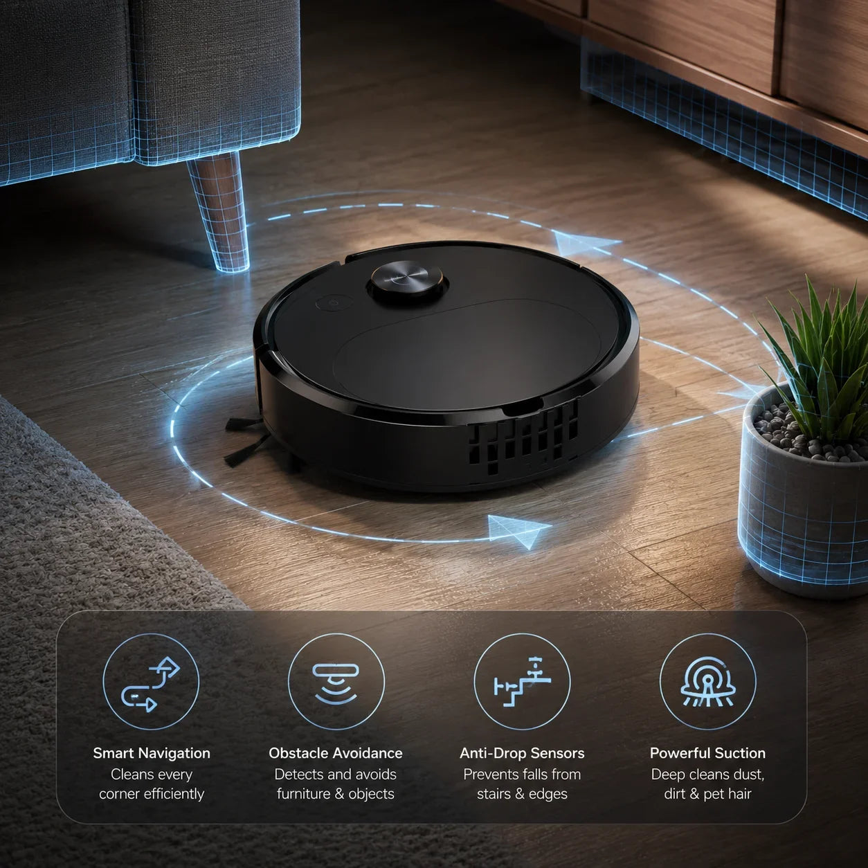 Smart robot vacuum cleaner cleaning under sofa and furniture