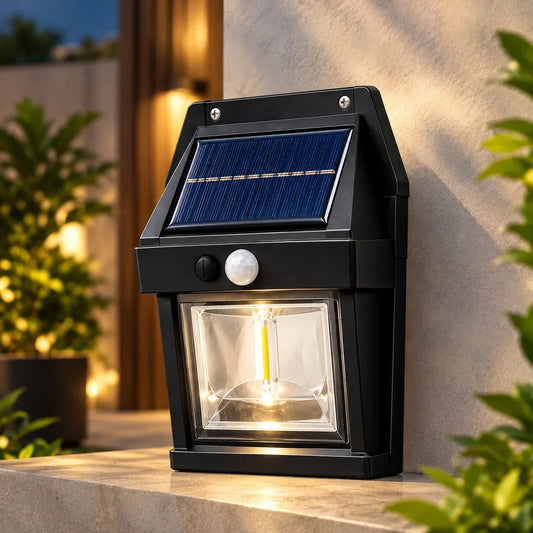Solar motion sensor wall lamp BK-888 retro outdoor lantern package overview