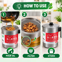 Complete retail display components layout of the stainless steel cooking oil strainer container jar