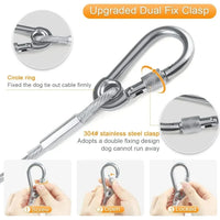 Close-up of the durable heavy duty metallic tension lock hooks attached to the steel clothes line rope