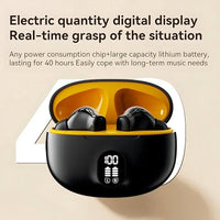 Black wireless earbuds in a charging case with digital display on a beige background