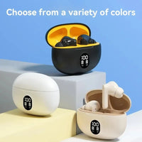 Three pairs of true wireless earbuds with their open charging cases displayed on geometric blocks against a blue background. The top pair is black with a yellow interior, the left case is white, and the right case is beige.