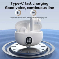 White wireless earbuds with charging case on a blue and gray background, featuring text about fast charging and battery life.