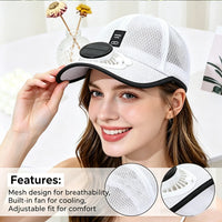 Complete display retail packaging of the rechargeable cooling fan cap with charging cable