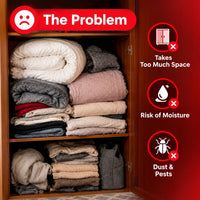 Before and after space saving compression comparison layout using vacuum storage bags