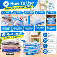 Complete retail display packaging layout of the 5-pack vacuum storage bags with manual hand pump