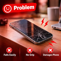 A smartphone with a shattered screen lies on a wooden table in a real indoor setting, with red graphic overlays reading 'Problem' and icons noting that it falls easily, has no grip, and damages the phone.