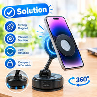 A magnetic phone mount on a black suction-cup base, shown holding a smartphone. The image includes feature callouts such as strong magnet, vacuum suction, 360° rotation, and compact portable design, with a blurred indoor background.