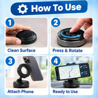 A step-by-step how-to graphic titled 'How To Use' showing a phone mount in four panels: 1) Clean surface, 2) Press and rotate, 3) Attach phone, 4) Ready to use.