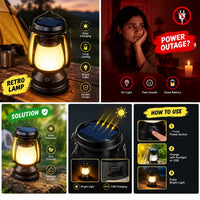 Retro solar LED lamp glowing brightly in a dark room demonstrating wide angle lighting