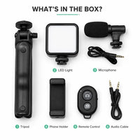 Complete AY-49 vlogging kit standing on a desk configured as a tabletop smartphone recording studio