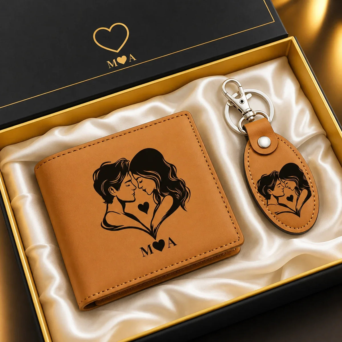 Engraved wallet and keychain gift packaging