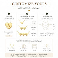Elegant customized dainty gold tiny heart initial necklace worn beautifully in a layered stacking style on a female neck profile