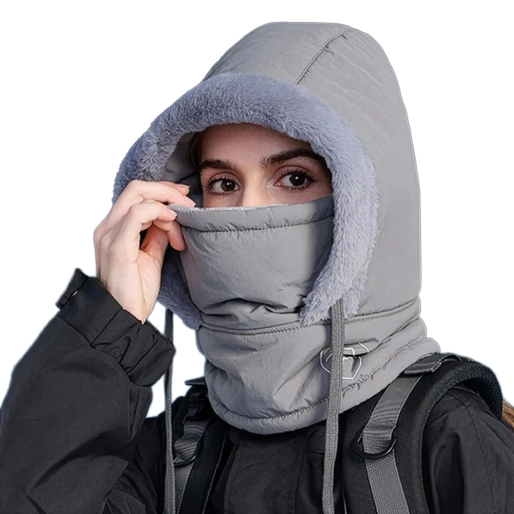 Thick windproof biker hood mask displaying premium faux-fur insulation lining for extreme cold weather protection.