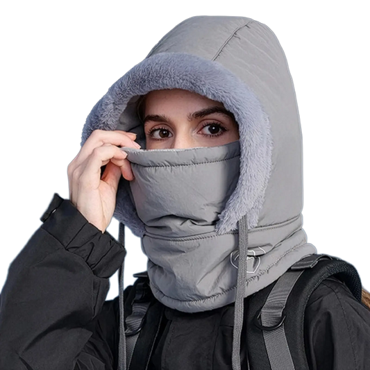 Thick windproof biker hood mask displaying premium faux-fur insulation lining for extreme cold weather protection.