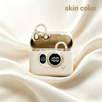 A cream-colored textured wireless earbuds charging case with an open lid, shown against draped satin fabric. The earbuds are resting inside the case, which features a digital display showing '100' and two control buttons.