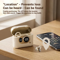 A pair of wireless earbuds in an open textured cream-colored charging case sits on a wooden table next to a smartphone displaying an app interface, with a location pin graphic overlay. Text at the top highlights features like location prevention and sound enhancement.
