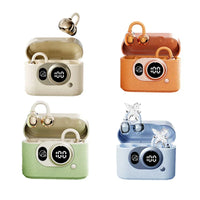 Four pairs of wireless earbuds with open charging cases shown in different color options: beige, orange, mint green, and light blue. Each case has a textured exterior, a digital display showing 100%, and the earbuds are positioned above the open case.